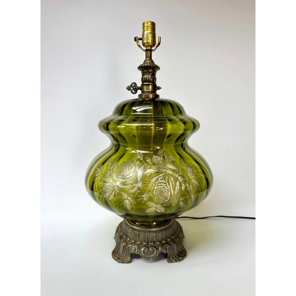 Vintage 1973 E.K. Olive Green Floral Glass Lighted Table Lamp